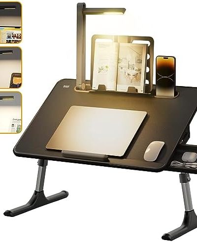 Laptop Table with LED Desk Light, SAIJI Laptop Stand for Bed, Height Adjustments Bed Desk with Book Stand for Reading Writing Drawing (Black)